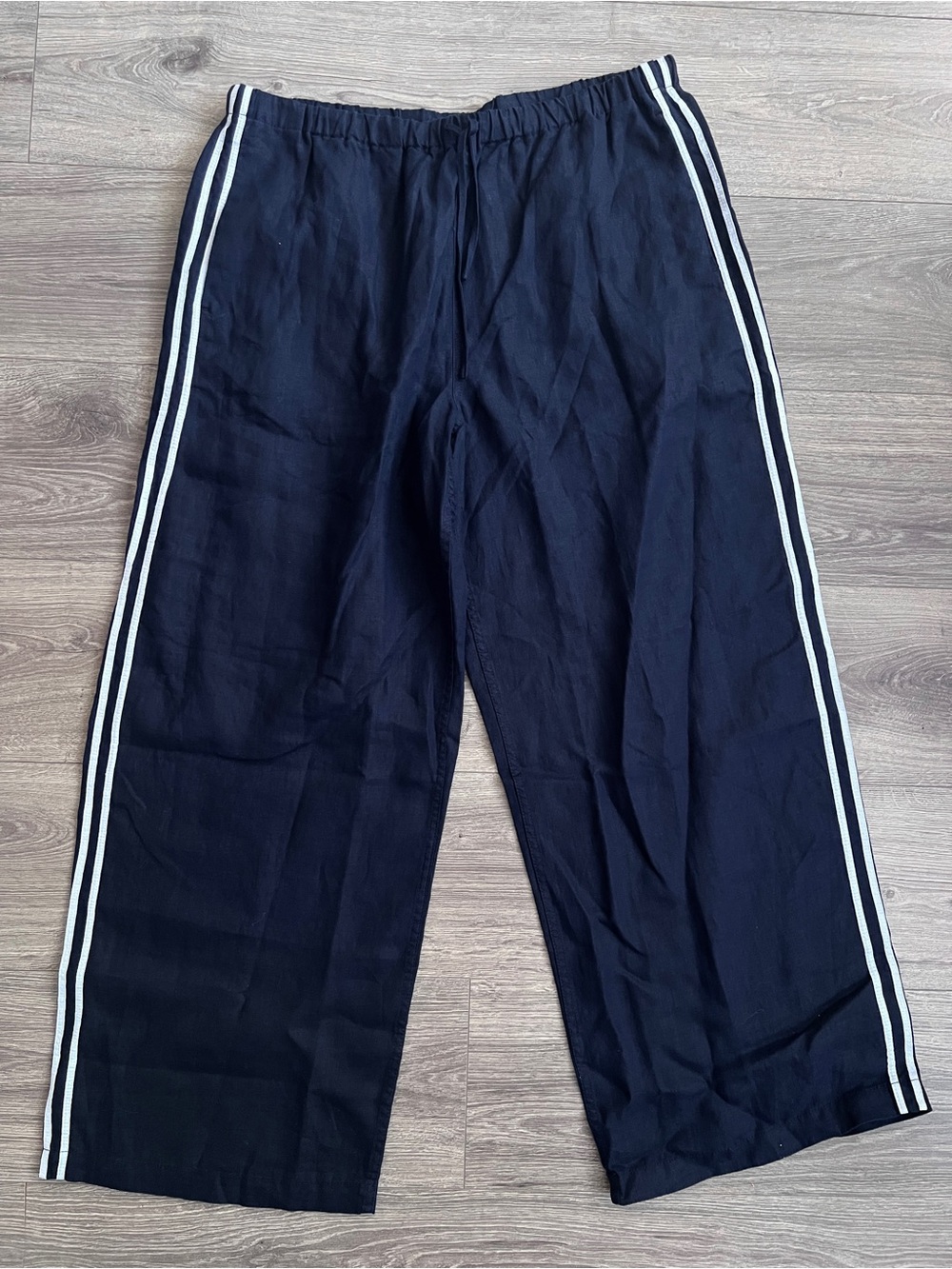 MADEWELL Linen Wide Leg Pants XL Navy Blue Track Stripe Boho Resortwear Sporty